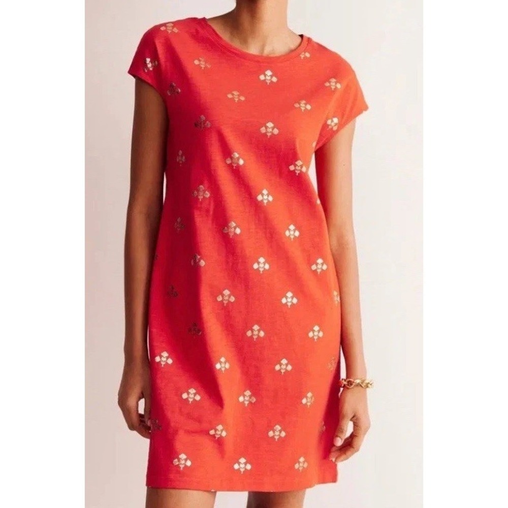 Boden Leah Jersey T-shirt Dress Red With Gold‎ Design Sz US 8L